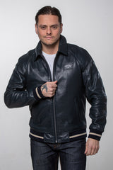 Blouson en cuir Jacky Ickx "Jacky 2" bleu marine Homme