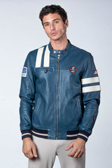 Blouson en cuir Carroll Shelby x Le Mans modèle "Cobra Men" bleu royal Homme