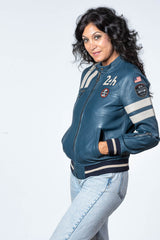 Blouson en cuir Carroll Shelby x Le Mans modèle "Cobra Women" bleu royal Femme