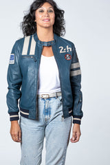 Blouson en cuir Carroll Shelby x Le Mans modèle "Cobra Women" bleu royal Femme