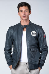 Blouson en cuir 24H Le Mans Denis bleu marine Homme