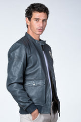 Blouson en cuir 24H Le Mans Denis bleu marine Homme