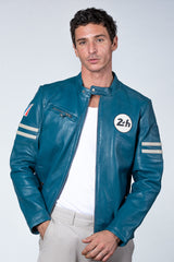 Blouson en cuir 24H Le Mans Erwan bleu ocean Homme