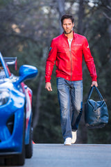 Men’s racing red Alpine Jean leather jacket