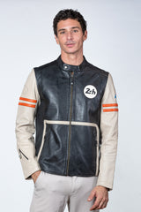 Blouson en cuir 24H Le Mans Karl noir ecru Homme