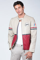 Blouson en cuir 24H Le Mans Karl ecru rouge racing Homme