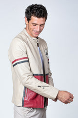 Blouson en cuir 24H Le Mans Karl ecru rouge racing Homme