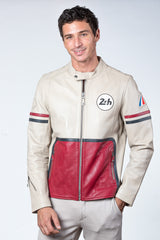 Blouson en cuir 24H Le Mans Karl ecru rouge racing Homme