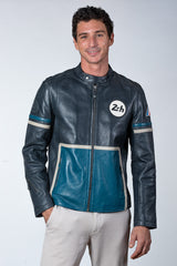 Blouson en cuir 24H Le Mans Karl bleu ocean marine Homme