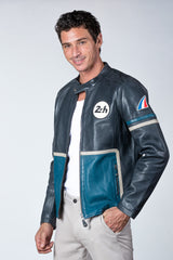 Blouson en cuir 24H Le Mans Karl bleu ocean marine Homme