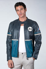 Blouson en cuir 24H Le Mans Karl bleu ocean marine Homme