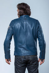 Blouson en cuir Steve McQueen Lenny 5 bleu royal Homme