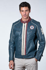 Blouson en cuir Steve McQueen Liam bleu royal Homme