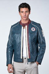 Blouson en cuir Steve McQueen Liam bleu royal Homme