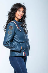 Blouson en cuir 24H Le Mans Rita bleu royal Femme