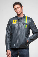 Ayrton Senna "Sao Paulo" Navy Blue Leather Jacket for Men